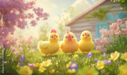 Cute pastel-colored cartoon chickens on a farm, playful and surrounded by spring flowers, soft shadows and cheerful tones, whimsical and fun,
