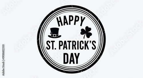 Black and white St. Patrick's Day badge with shamrock and top hat isolated on transparent background