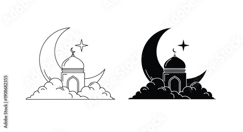 Vector illustration of a spooky mosque silhouette in India featuring a vintage moon, black bats, and a creepy spider for a Halloween holiday horror design