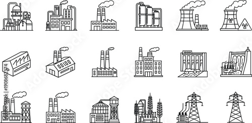 Collection of isometric line art icons representing industrial factories and power generation structures Keywords: factory