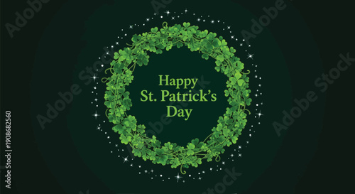 St. Patrick's Day wreath with shamrocks and 'Happy St. Patrick's Day' text, green glitter vector illustration for banner or poster or social media