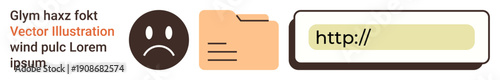 Digital security, information management, online communication, error messages, web accessibility, cybersecurity. Sad face, file icon and HTTP link. Digital security and online communication concept