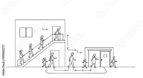 Fire safety drill illustration showing evacuation route and procedures  