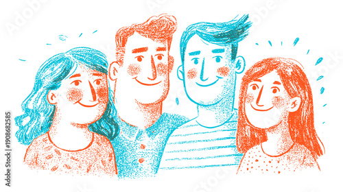Group of four friends smiling in colorful illustrated style  