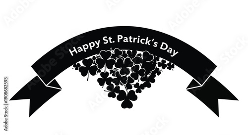 St. Patrick's Day banner with shamrocks and four-leaf clovers, black ribbon with white text, for greeting card or social media post, isolated on transparent background, png