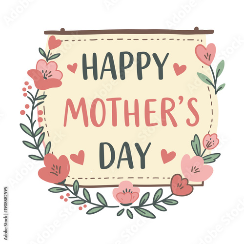 Happy Mother's Day banner with flowers and hearts in pastel colors  