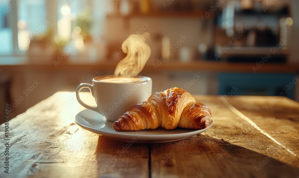 © Sergey - Delicious croissant with a steaming cup of espresso on a rustic wooden table, warm tones and soft lighting emphasizing a cozy breakfast moment