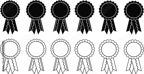 Ten award ribbons in solid black and outlined white variations, circular scalloped tops with tails, achievement recognition symbol illustration design