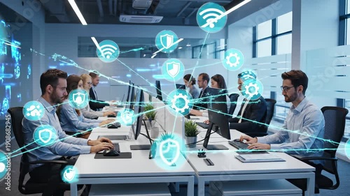 Wallpaper Mural Office workspace with cybersecurity network overlay. Digital shield icons and wireless connectivity symbols represent data protection, it security infrastructure and enterprise defense system Torontodigital.ca