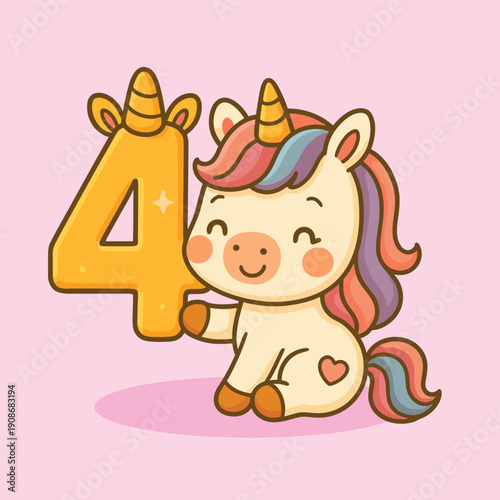 Cute cartoon unicorn character happily holds the large golden number four for a fourth birthday celebration.