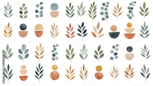 A charming watercolor collection of modern botanical abstracts, featuring stylized leaves, geometric shapes, and warm neutral tones.