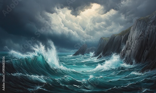 Dramatic ocean view with waves crashing against jagged cliffs, a moody cloudy sky overhead creating a powerful and captivating seascape