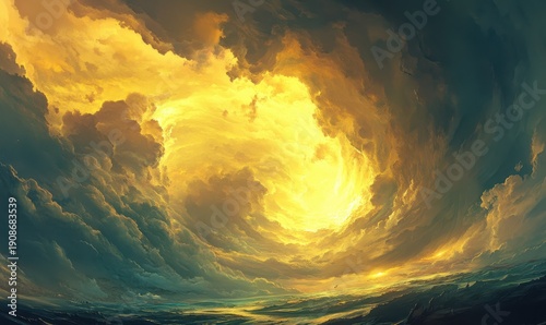 Dramatic storm clouds swirling over a serene landscape, with golden sunlight breaking through and illuminating the edges of the clouds