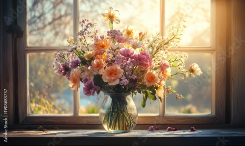 Dynamic bouquet of spring flowers in pastel hues, arranged in a glass vase placed on a wooden windowsill with golden sunlight streaming through