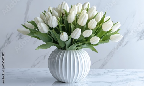Elegant arrangement of bright white tulips displayed in a sleek ceramic vase, soft natural light emphasizing their fresh tones and refined beauty