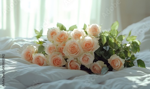 Elegant bouquet of pastel roses resting on a crisp white bed, softly illuminated by natural light streaming through a nearby window for a romantic vibe