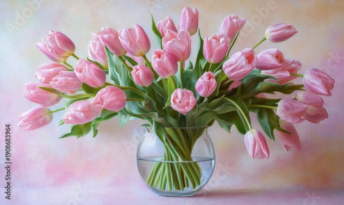 Elegant bouquet of pink tulips placed in a glass vase, set against a soft pastel background with natural lighting highlighting their delicate textures