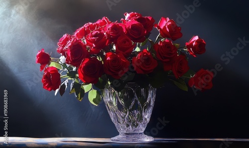 Elegant bouquet of red roses arranged in a vintage crystal vase, their deep hues and delicate petals highlighted by soft lighting for a romantic atmosphere