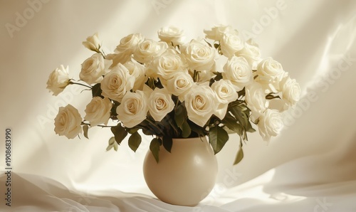 Elegant bouquet of white roses arranged in a sleek ceramic vase, soft natural light and neutral tones creating a refined and timeless floral composition