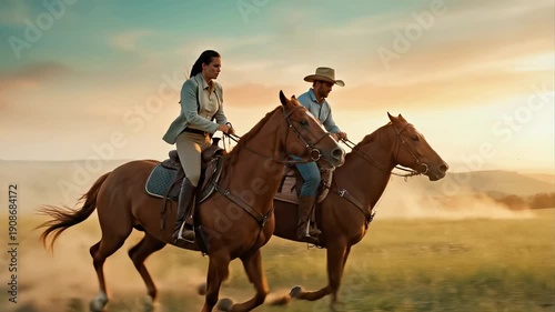 Riders on horseback galloping through countryside field at sunset. Equestrian lifestyle and outdoor recreation concept with horses running in rural landscape during adventure riding activity