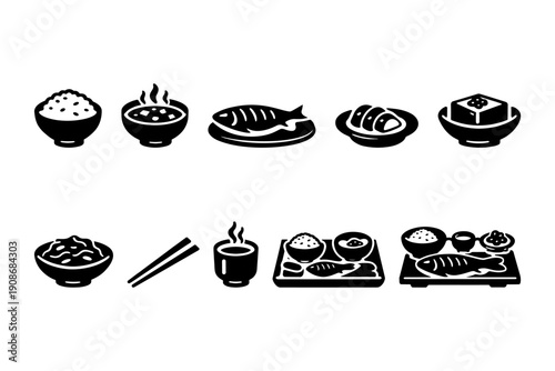 Japanese cuisine icons: rice, soup, fish, sushi, tofu, chopsticks, bento, tea