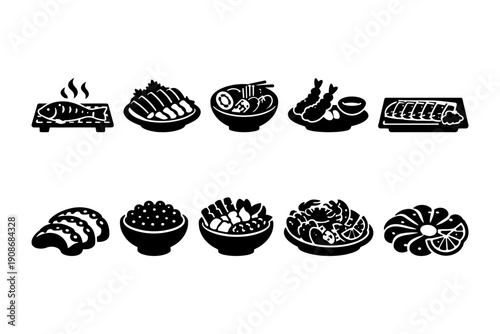 Assorted japanese cuisine silhouettes: sushi, ramen, tempura, bento, and seafood dishes