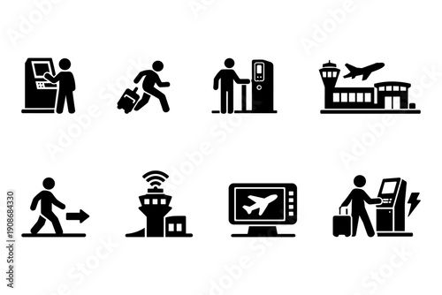 Airport travel icons: check-in, boarding, departures, security, arrivals, air travel