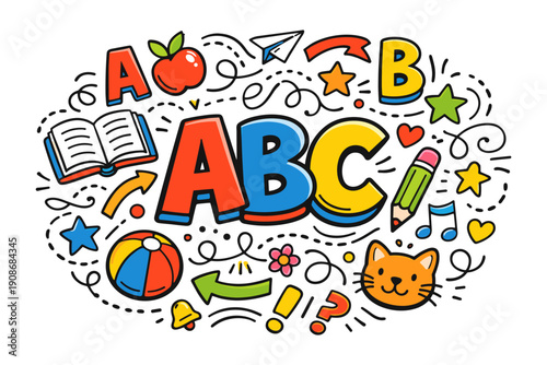 Colorful alphabet learning elements with fun doodles and symbols