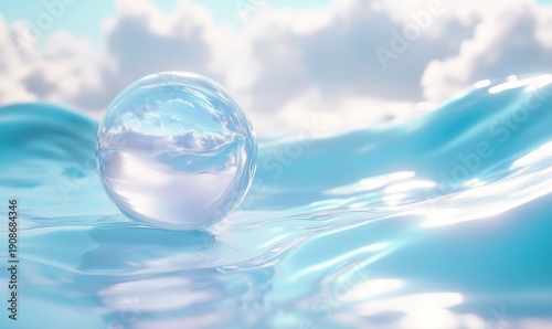 Elegant glass orb floating amidst soft, flowing pastel blue and white waves, with subtle reflections and highlights, creating a serene and dreamy atmosphere