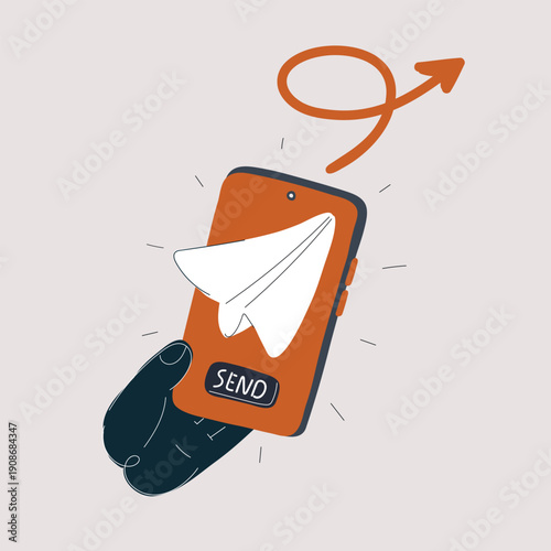 Cartoon vector illustration of a hand holding a smartphone with a paper airplane on the screen, symbolizing messaging, communication, and sharing ideas