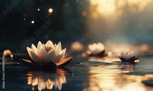 Elegant lotus flowers floating on a serene pond, softly illuminated by warm sunlight with their reflections shimmering on the water