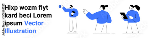 Digital communication, teamwork, remote work, modern business, collaboration, creative workflow. Stylized figures holding devices and gesturing. Digital communication and teamwork concept