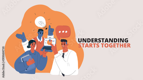 Cartoon vector illustration of a team gathered around a monitor with a chart, actively discussing, symbolizing teamwork, data analysis, and collaborative decision-making