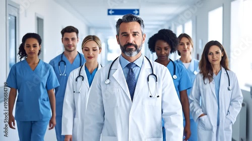 A diverse medical team of doctors and nurses stands together confidently in a hospital corridor