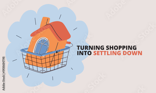 Cartoon vector illustration of a house in a shopping basket, symbolizing real estate, home buying, and property investment
