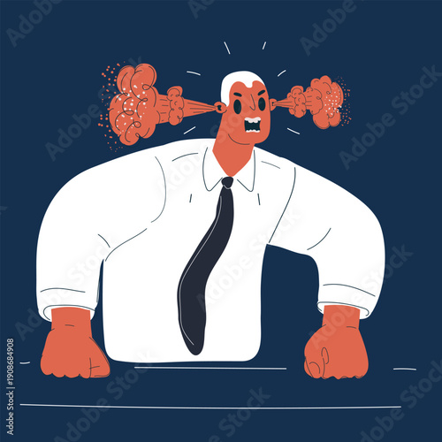 Cartoon vector illustration of an angry man with steam coming out of his ears, symbolizing anger, frustration, and emotional stress