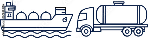 Simple Line Art of a Cargo Ship and a Tanker Truck vector illustration