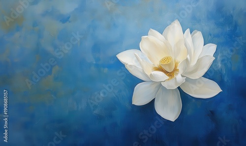 Elegant white lotus flower floating on a still blue pond, its delicate petals glowing under soft natural light creating a serene and timeless floral composition