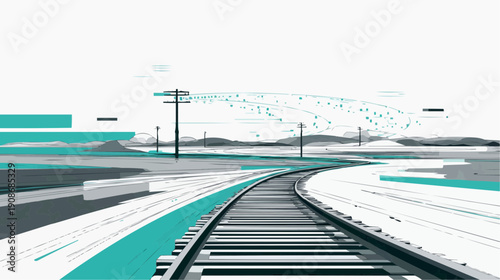 Stylized illustration of curving train tracks in a minimalist landscape with teal and grey colors.