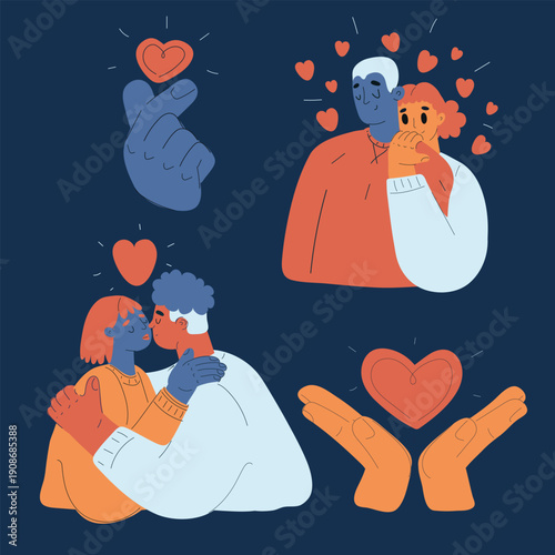Cartoon vector illustration of hands showing hearts, a couple kissing, and a girl hugging a guy from behind with hearts around, symbolizing love, affection, and romantic connection