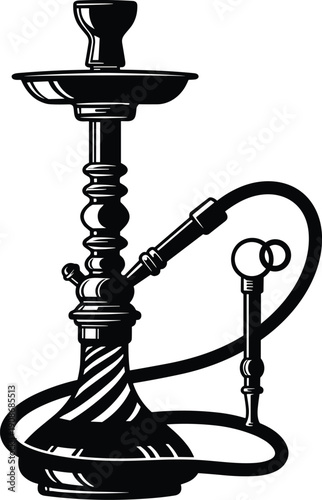 Traditional hookah water pipe illustration, shisha smoking symbol, cultural tobacco design, Middle Eastern vector art, decorative smoking accessory graphic