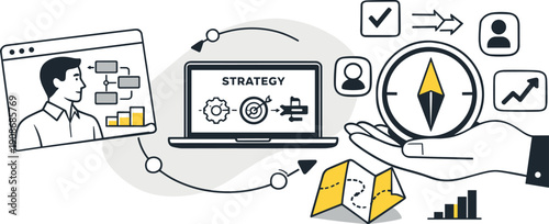 Modern minimal flat vector conceptual collage, crisp hard edges, consistent THIN outline stroke, rounded corners where needed,