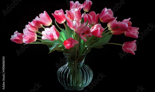 Fresh bouquet of pink tulips in a simple glass vase, vibrant petals glowing under natural light, creating a cheerful and elegant floral arrangement