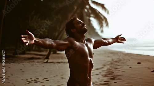 Explore adventure journey achievement outdoor in National Park. A shirtless man with a muscular physique stretching his arms on the beach, surrounded by a blurred background of trees and water.