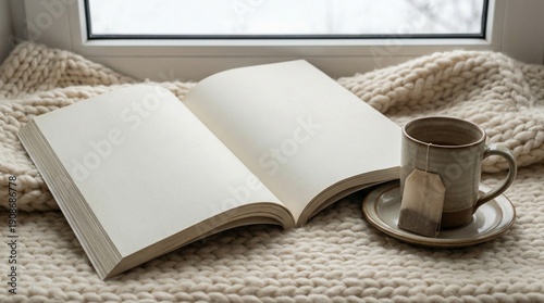 Open blank book and cup of tea on cozy knitted blanket by window, mockup
