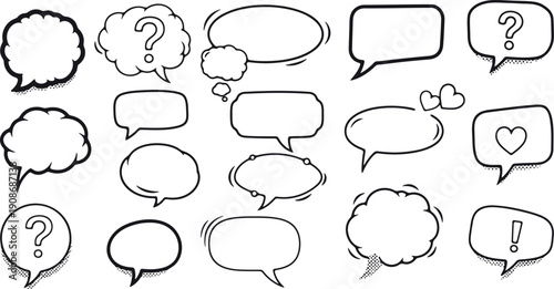 A collection of various speech bubbles and thought clouds on a white background