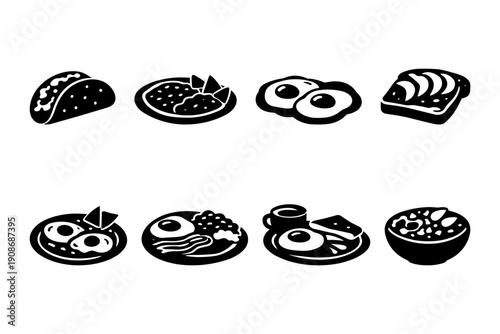 Assorted breakfast foods: taco, eggs, avocado toast, and more icons