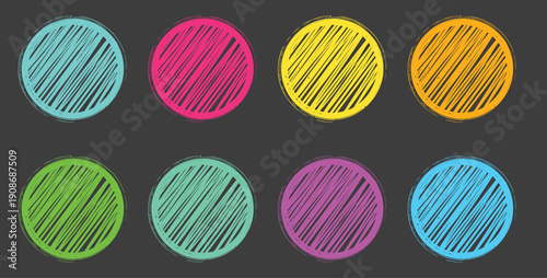 A colorful illustration of eight circles with diagonal lines on a dark gray background