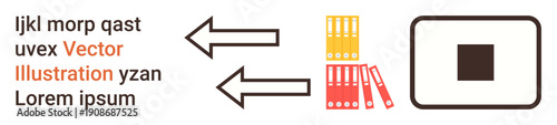 Data transfer, file management, archiving, organization, visual communication, workflow concepts. Arrows pointing to colorful binders and a square icon. Data transfer and file management concepts