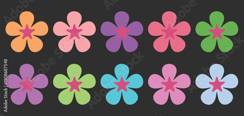 A colorful array of cartoon flowers on a dark background